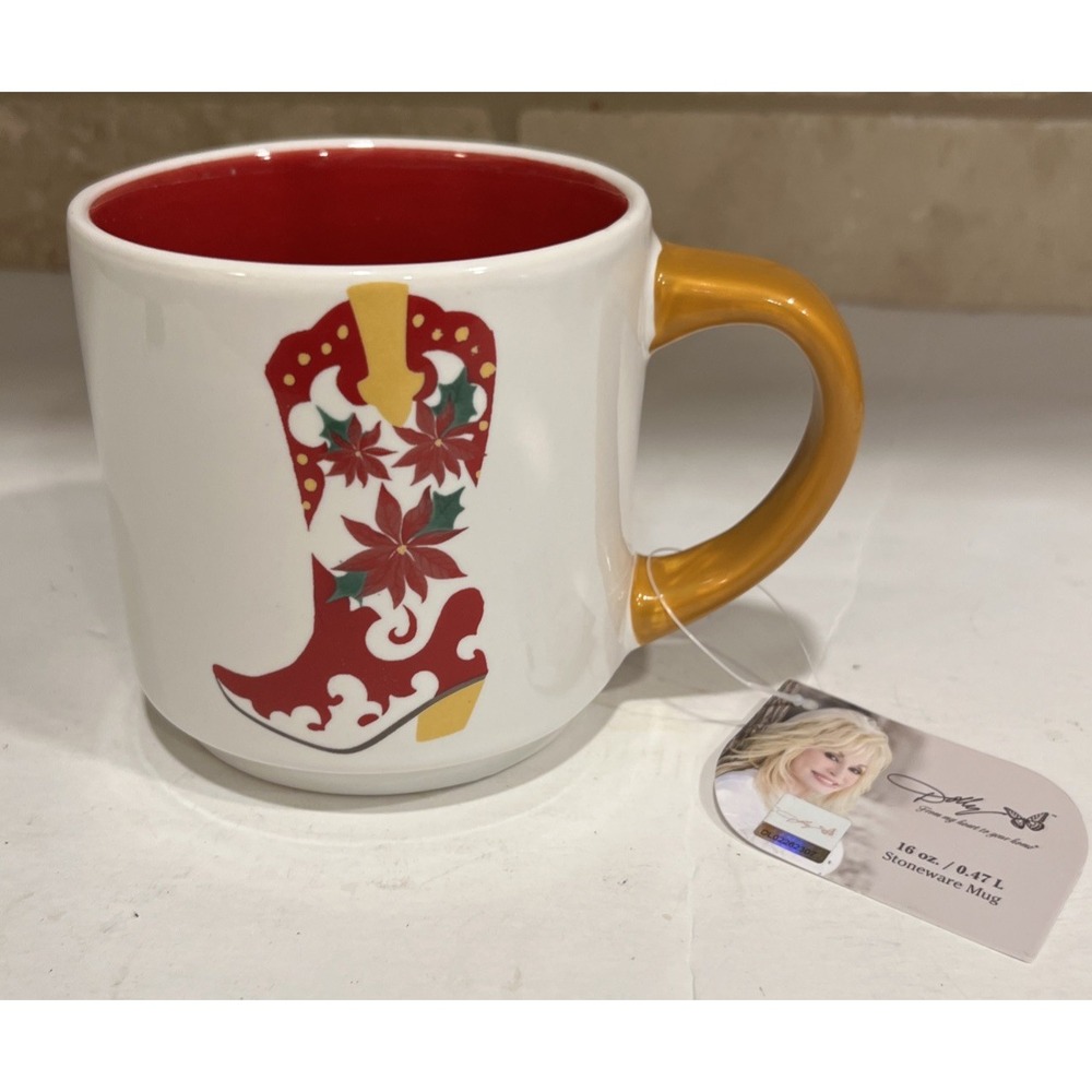 New Dolly Parton Stoneware Coffee Mug Cowgirl‎ Boot Poinsettias Red Gold 16 Oz